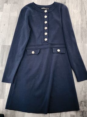 Meroketty Navy Long-Sleeve Knit Dress with Gold Buttons